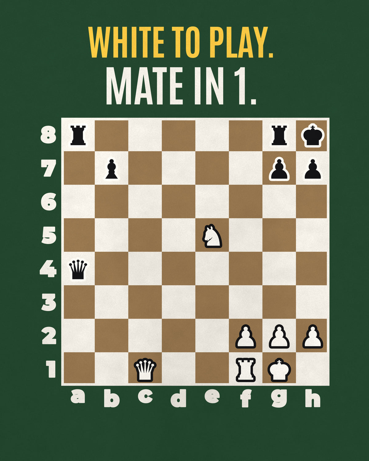 Bottle Green oversized t-shirt, close-up of the back puzzle print: White to play. Mate in 1.