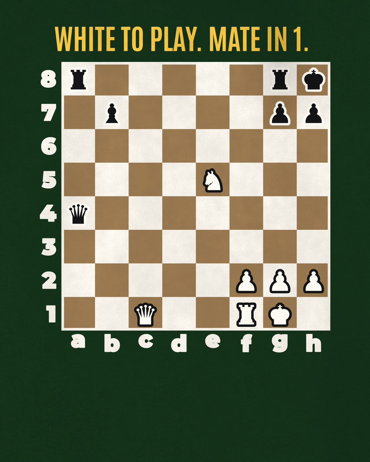 Bottle Green oversized hoodie, close-up of the back puzzle print: White to play. Mate in 1.