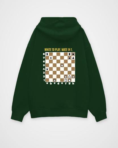 Bottle Green oversized hoodie, back view with one large puzzle print