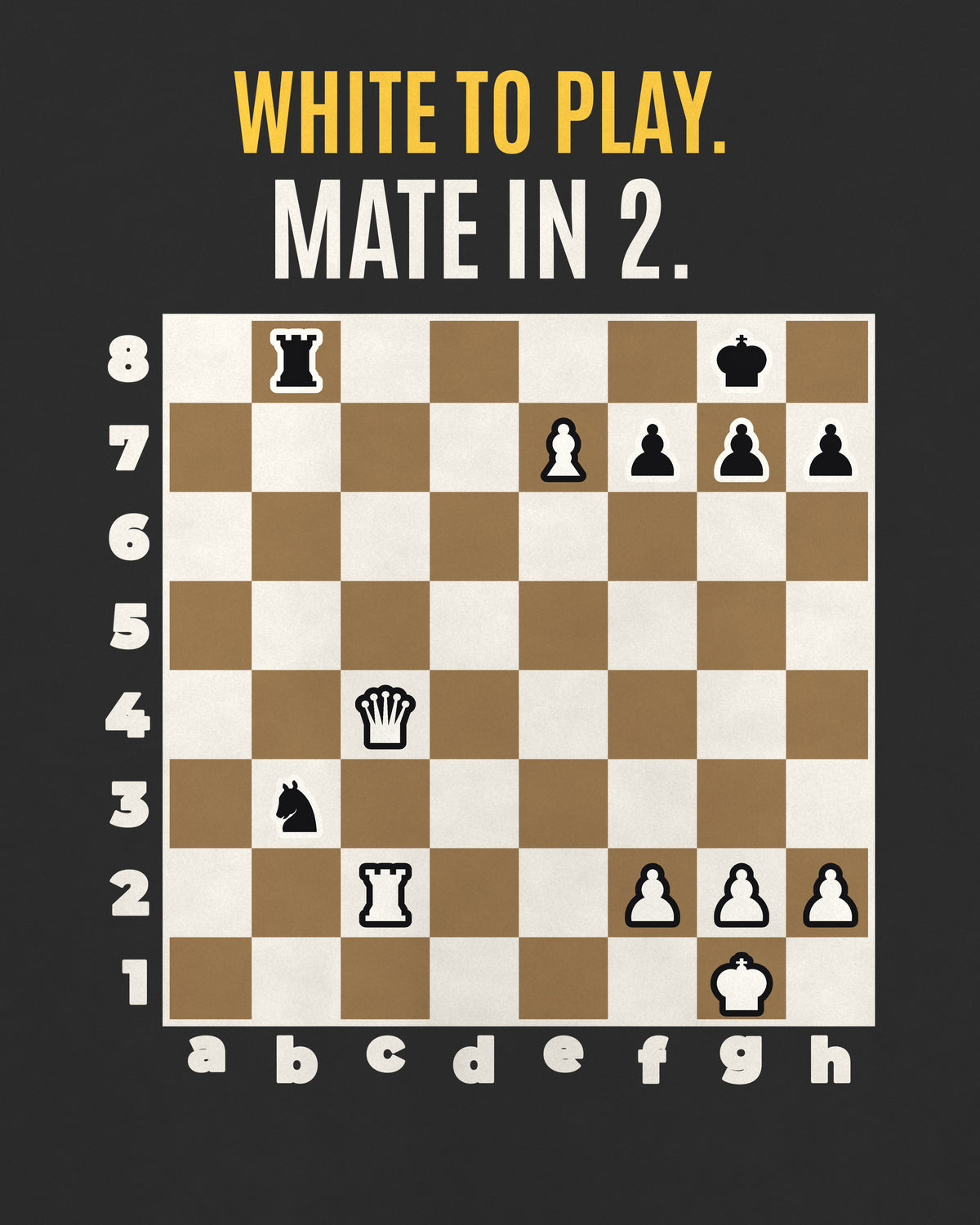 Black oversized t-shirt, close-up of the back puzzle print: White to play. Mate in 2.