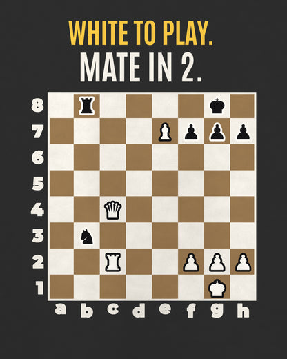 Black oversized t-shirt, close-up of the back puzzle print: White to play. Mate in 2.