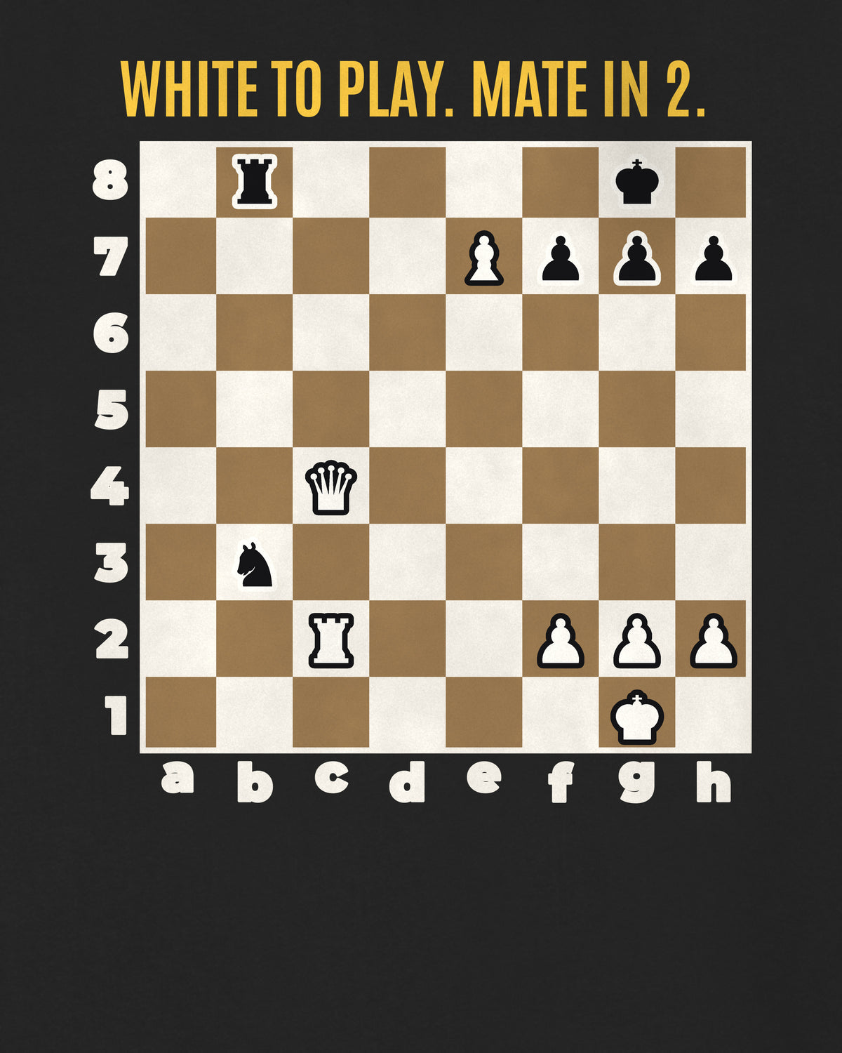 Black oversized hoodie, close-up of the back puzzle print: White to play. Mate in 2.