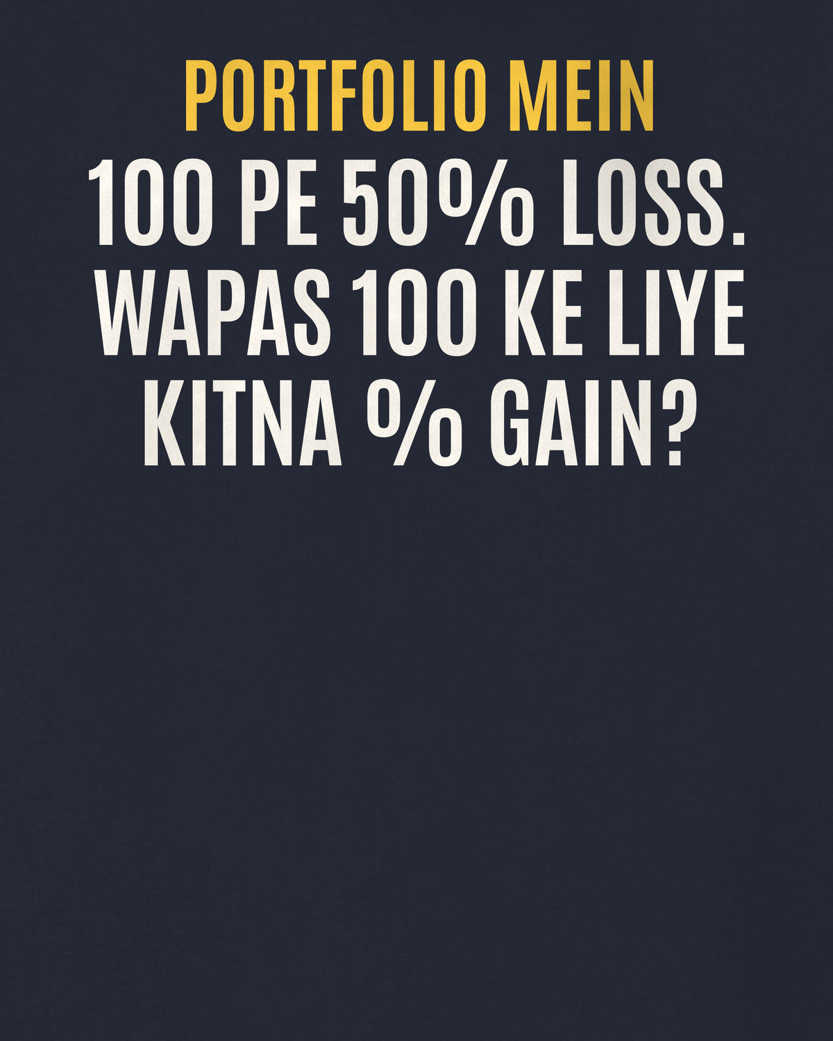 Navy Blue oversized hoodie, close-up of the back puzzle print: ₹100 pe 50% loss. Wapas ₹100 ke liye kitna % gain chahiye?