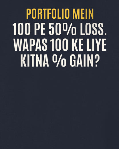 Navy Blue oversized hoodie, close-up of the back puzzle print: ₹100 pe 50% loss. Wapas ₹100 ke liye kitna % gain chahiye?