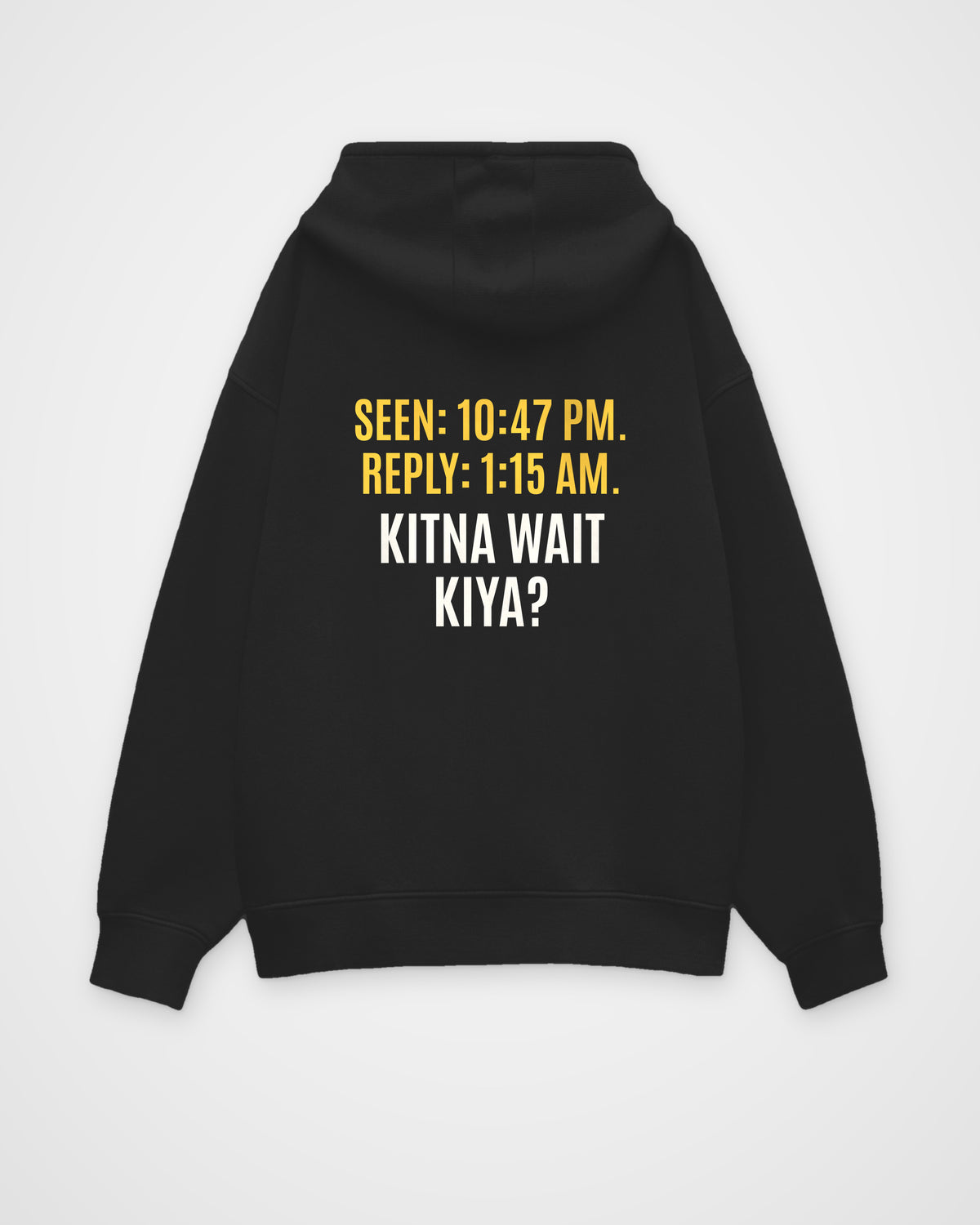 Black oversized hoodie, back view with one large puzzle print