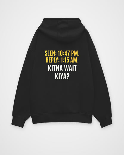 Black oversized hoodie, back view with one large puzzle print