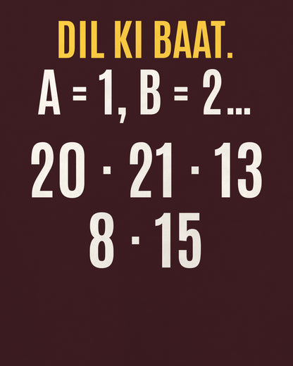 Maroon oversized t-shirt, close-up of the back puzzle print: A = 1, B = 2… Decode: 20·21·13 / 8·15