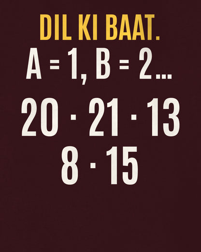 Maroon oversized hoodie, close-up of the back puzzle print: A = 1, B = 2… Decode: 20·21·13 / 8·15