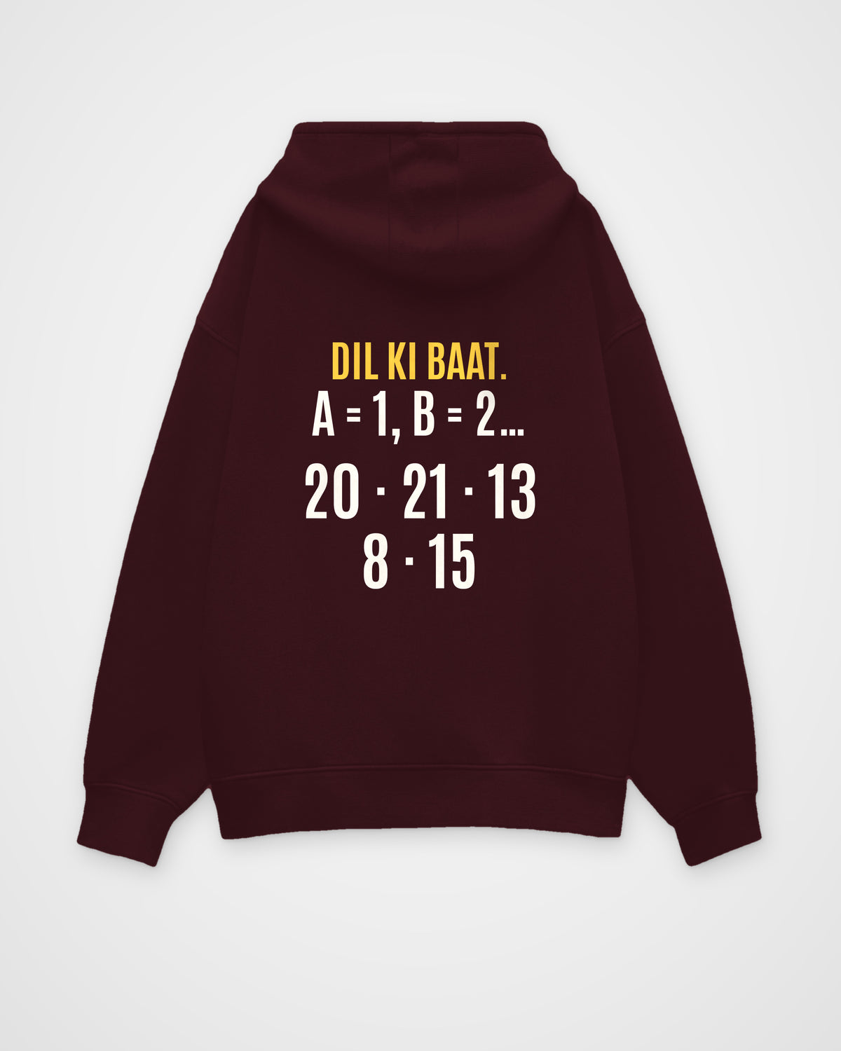 Maroon oversized hoodie, back view with one large puzzle print