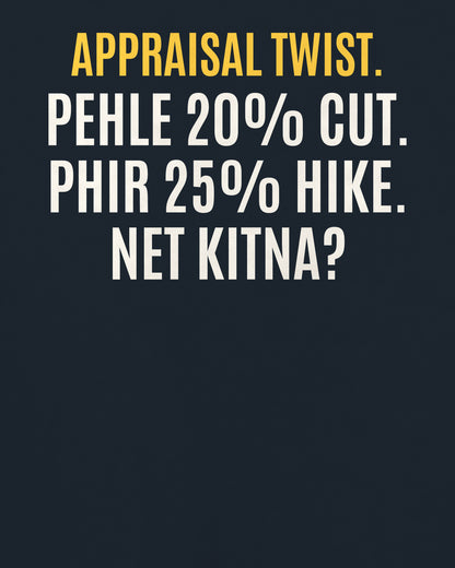 Navy Blue oversized t-shirt, close-up of the back puzzle print: Salary pe 20% cut, phir 25% hike. Net change?