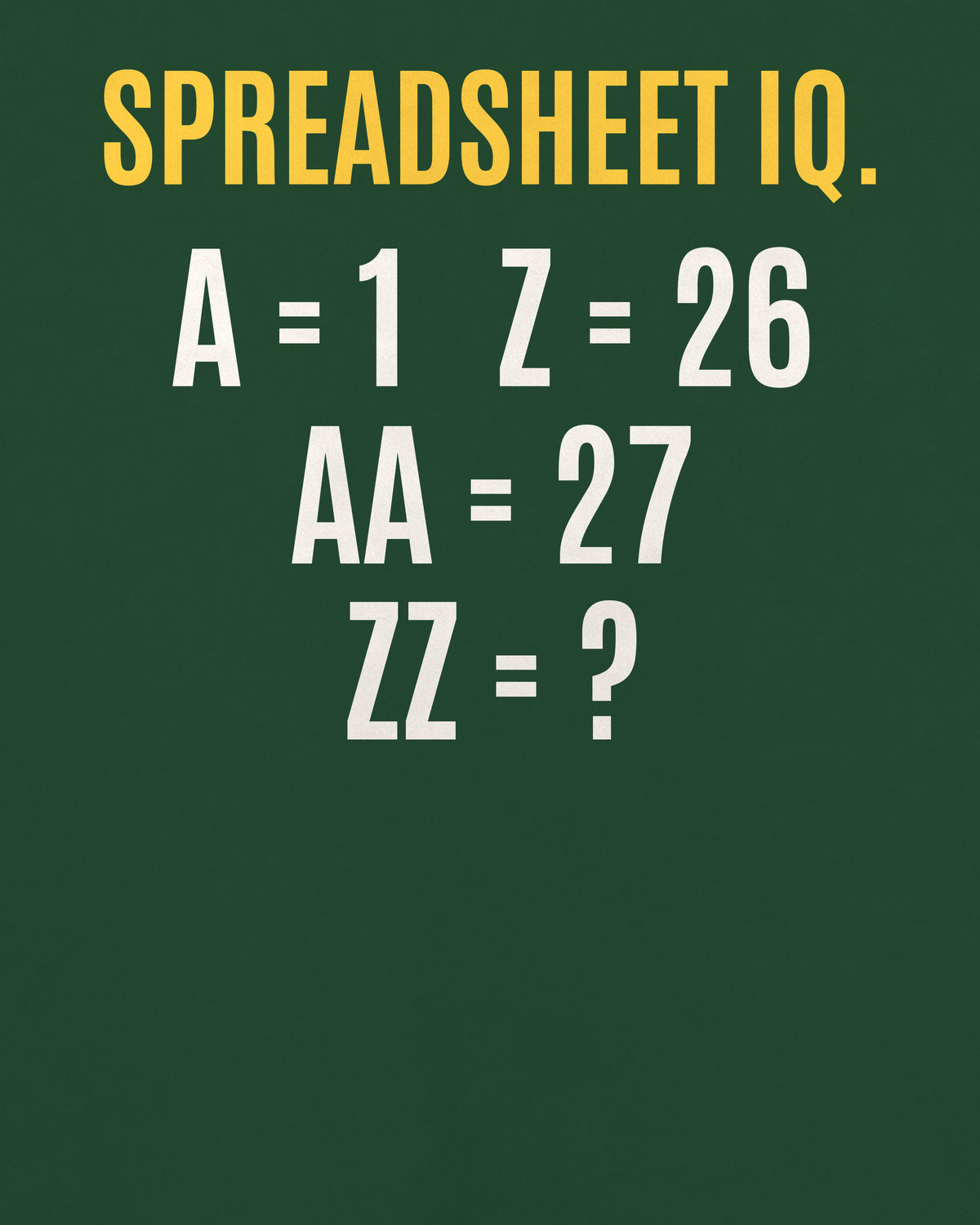 Bottle Green oversized t-shirt, close-up of the back puzzle print: Spreadsheet: A = 1 … Z = 26, AA = 27. Column ZZ = ?