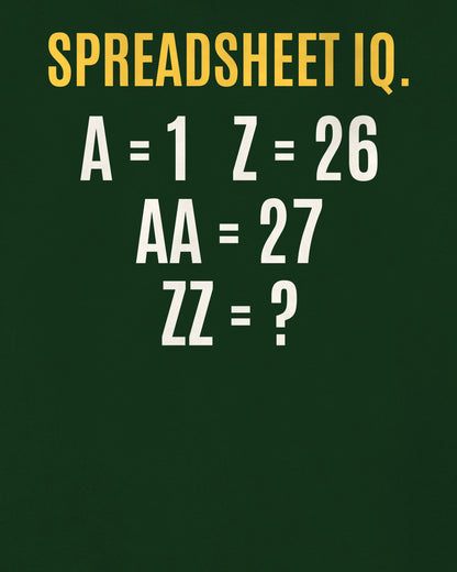 Bottle Green oversized hoodie, close-up of the back puzzle print: Spreadsheet: A = 1 … Z = 26, AA = 27. Column ZZ = ?