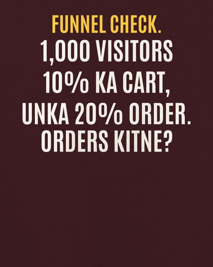 Maroon oversized t-shirt, close-up of the back puzzle print: 1,000 visitors → 10% add to cart → 20% checkout. Orders?