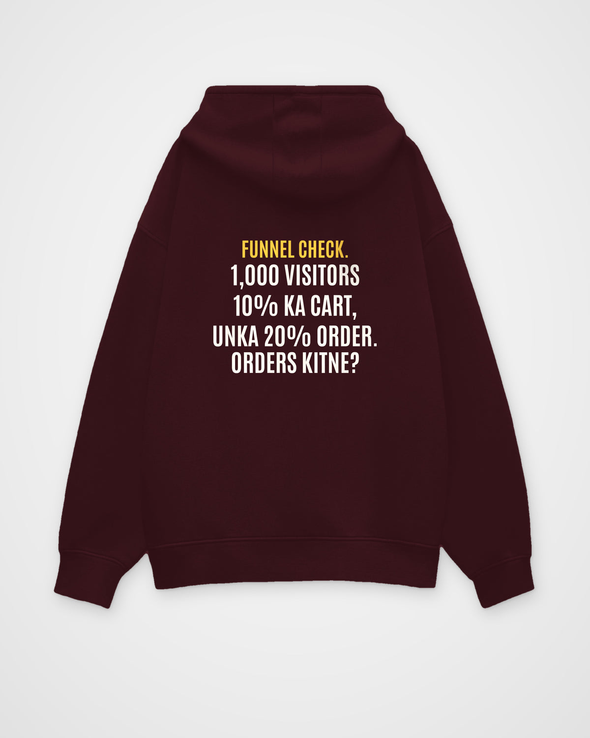 Maroon oversized hoodie, back view with one large puzzle print