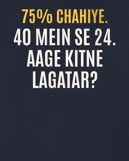 Navy Blue oversized hoodie, close-up of the back puzzle print: 75% attendance chahiye. 40 mein se 24 attend kiye. Aage kitne lagatar lectures?