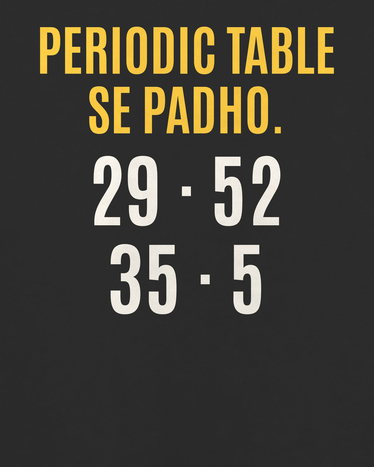 Black oversized t-shirt, close-up of the back puzzle print: Atomic numbers padho: 29·52 / 35·5