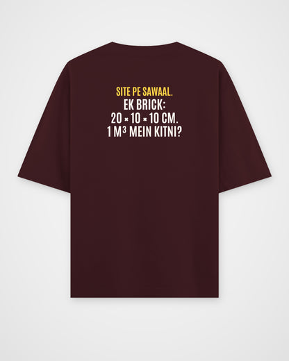 Maroon oversized t-shirt, back view with one large puzzle print