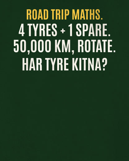 Bottle Green oversized hoodie, close-up of the back puzzle print: 4 tyres + 1 spare, rotate karke 50,000 km. Sab barabar ghise. Har tyre kitna chala?