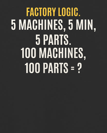 Black oversized t-shirt, close-up of the back puzzle print: 5 machines, 5 min, 5 parts. 100 machines, 100 parts: kitna time?