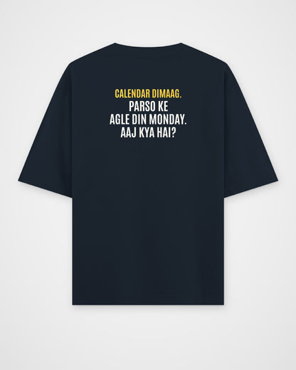 Navy Blue oversized t-shirt, back view with one large puzzle print