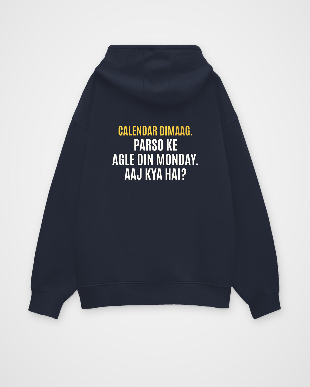 Navy Blue oversized hoodie, back view with one large puzzle print