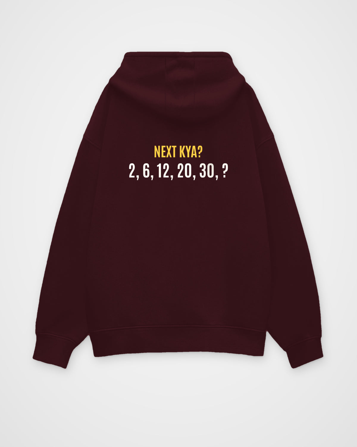 Maroon oversized hoodie, back view with one large puzzle print