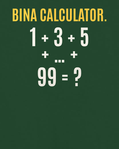 Bottle Green oversized t-shirt, close-up of the back puzzle print: 1 + 3 + 5 + … + 99 = ?
