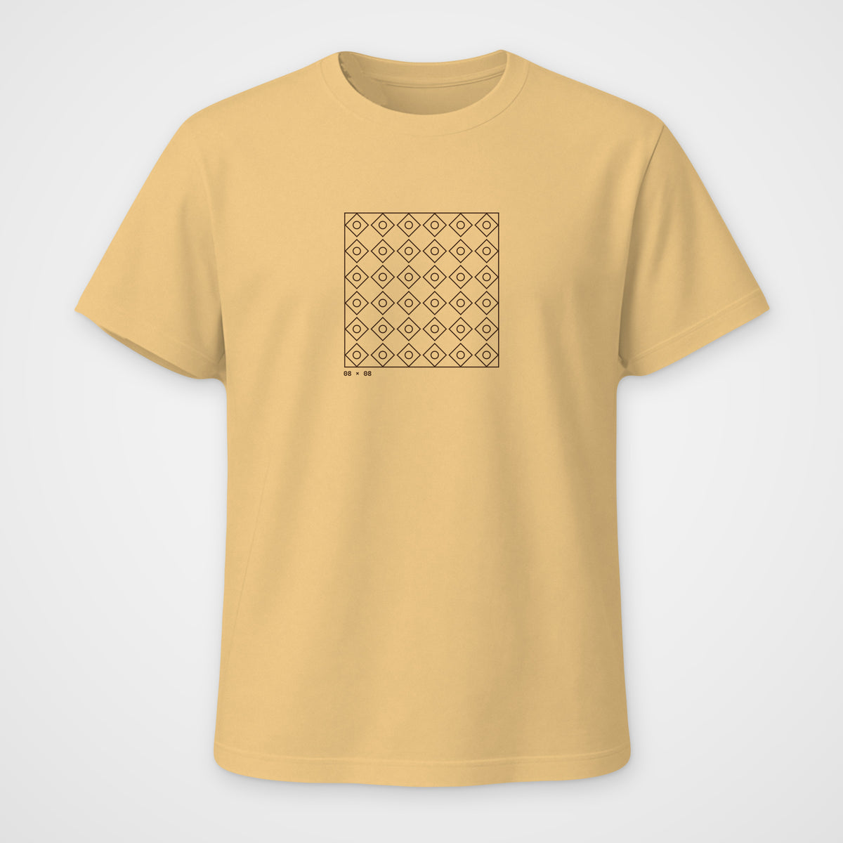 Beige regular fit t-shirt, front view, with a brown geometric lattice line print on the chest