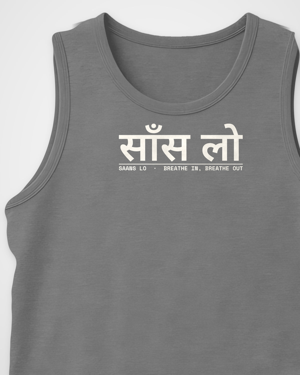 Charcoal Melange Sleeveless T-Shirt – Hindi Typography Front Print, detail