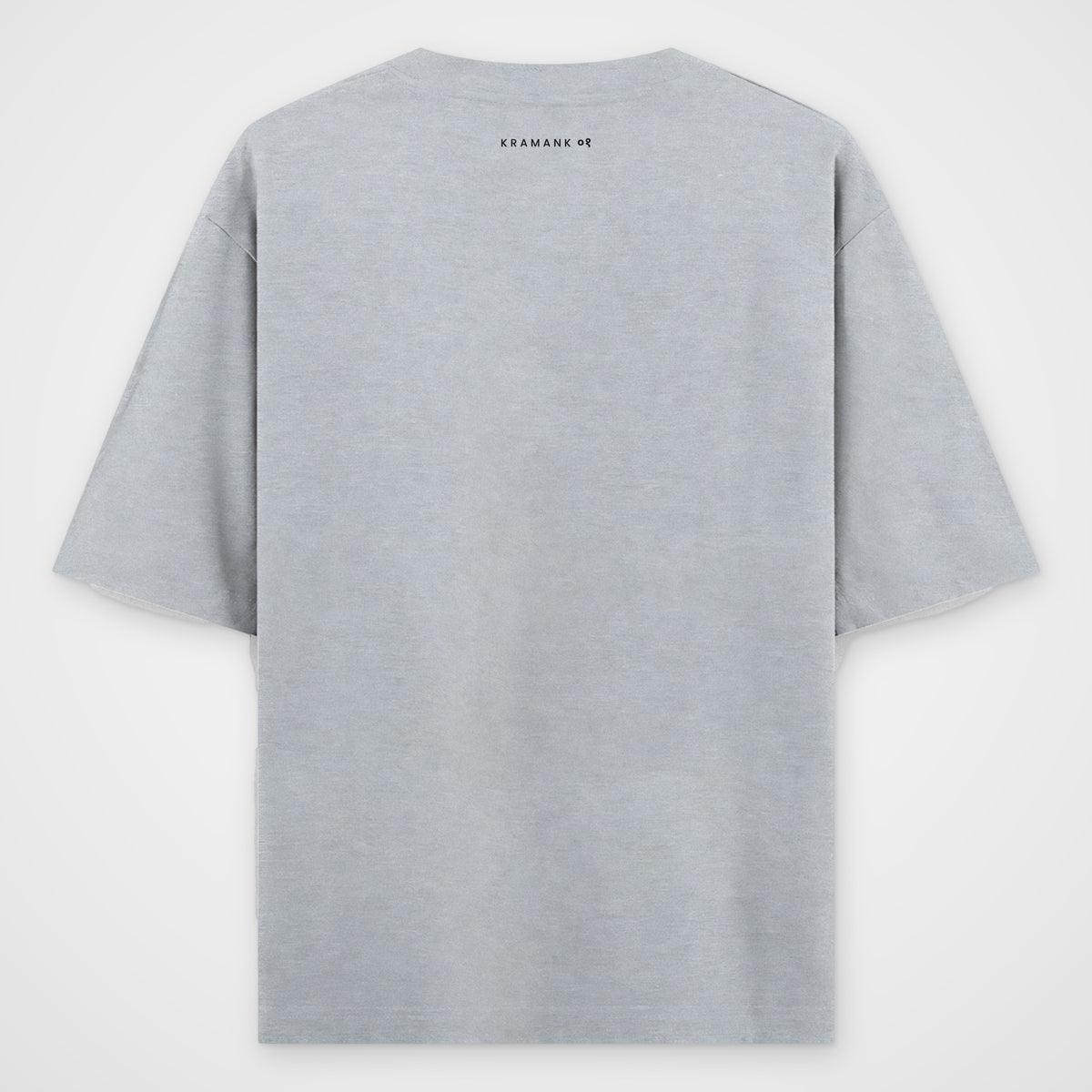 Grey melange oversized T-shirt, back view, thin text strip KRAMANK 01 just below the collar