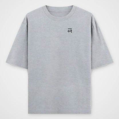 Grey melange oversized T-shirt, front view, small black Devanagari numeral 01 on the left chest