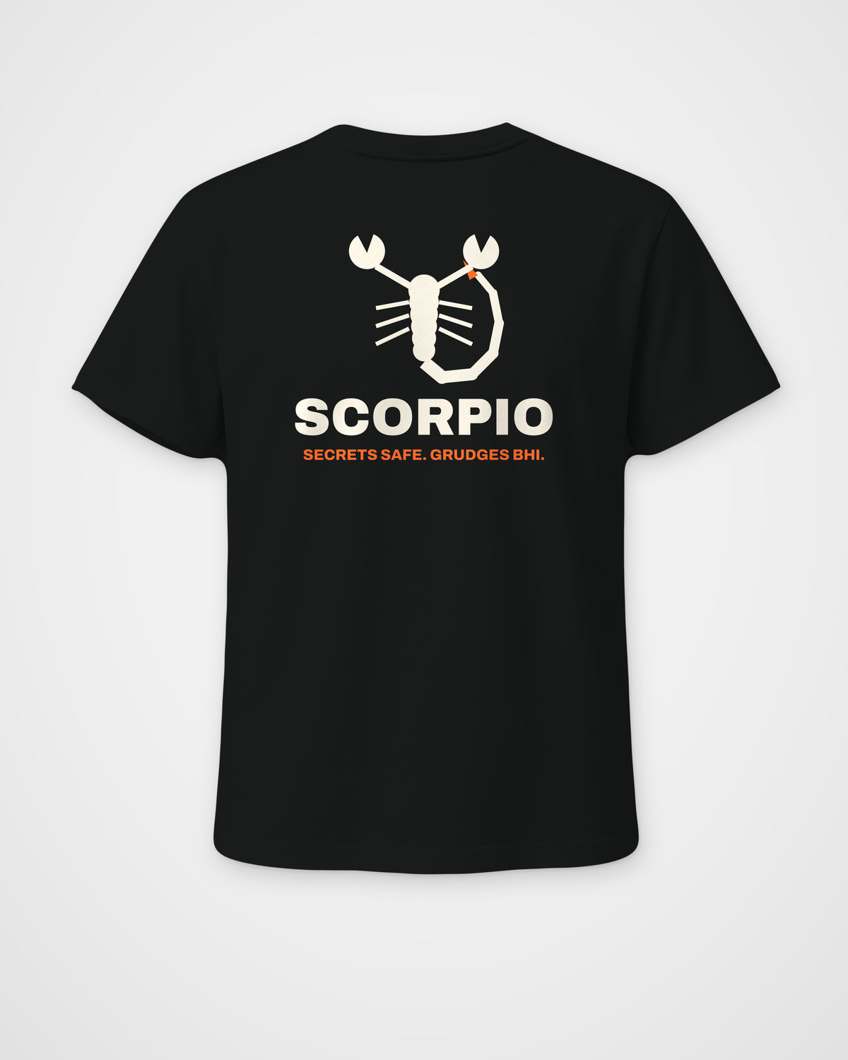 Black regular fit t-shirt, back view, a geometric scorpion, SCORPIO and SECRETS SAFE. GRUDGES BHI. – digital mockup