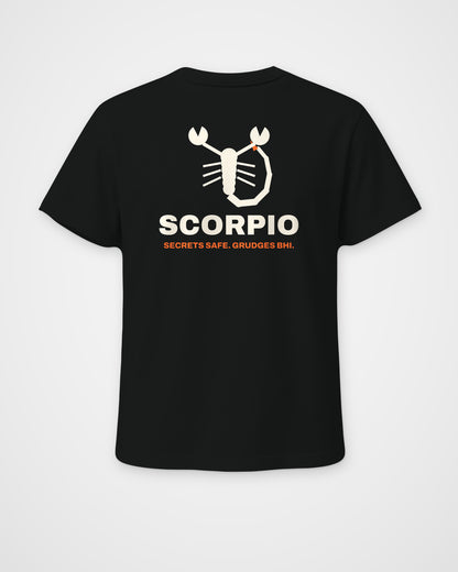 Black regular fit t-shirt, back view, a geometric scorpion, SCORPIO and SECRETS SAFE. GRUDGES BHI. – digital mockup