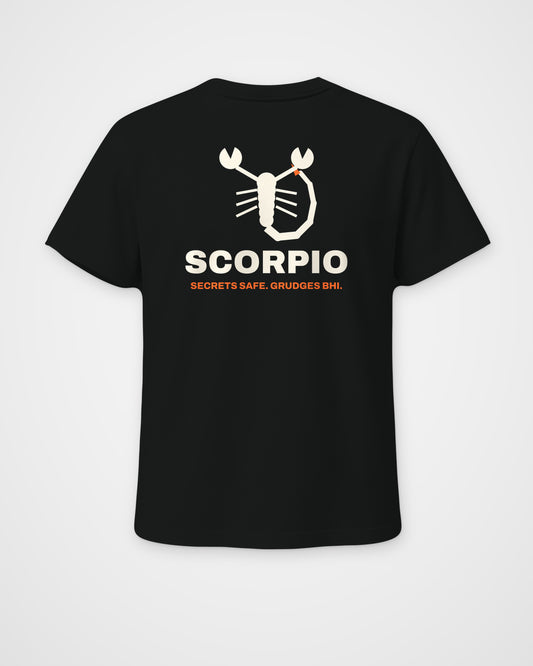 Black regular fit t-shirt, back view, a geometric scorpion, SCORPIO and SECRETS SAFE. GRUDGES BHI. – digital mockup