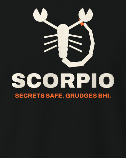 Black regular fit t-shirt, close-up of the Scorpio Zodiac back print – digital mockup