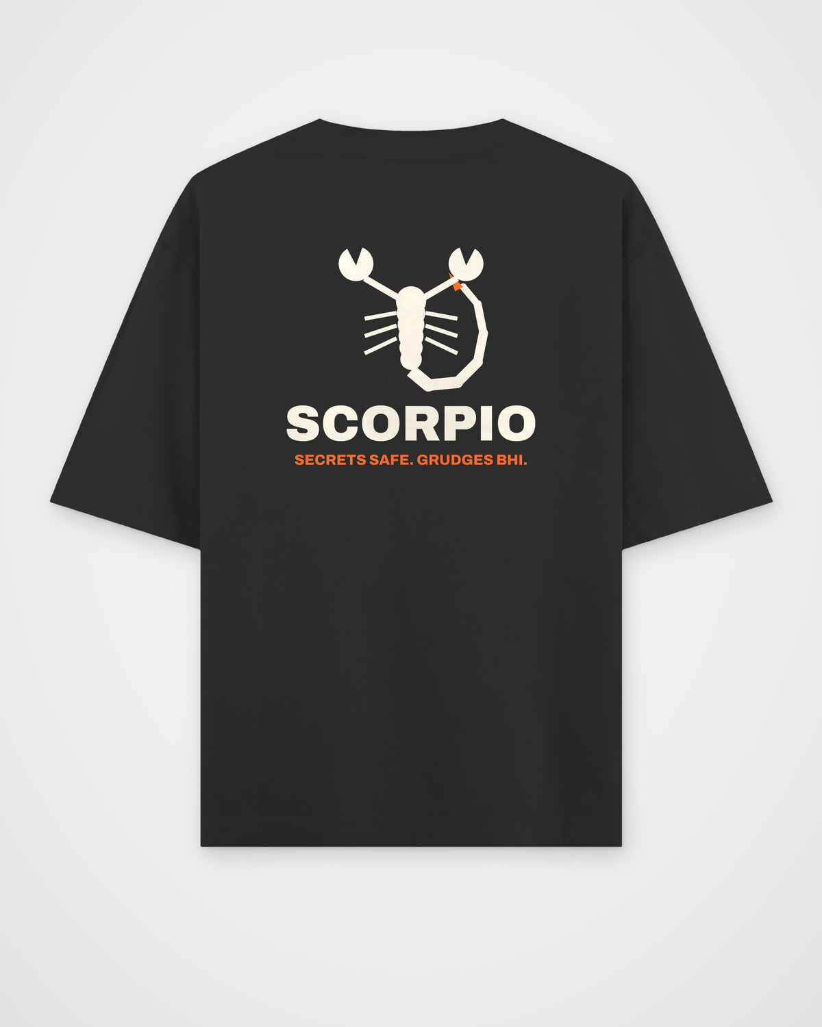 Black oversized t-shirt, back view, a geometric scorpion, SCORPIO and SECRETS SAFE. GRUDGES BHI. – digital mockup