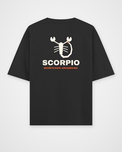 Black oversized t-shirt, back view, a geometric scorpion, SCORPIO and SECRETS SAFE. GRUDGES BHI. – digital mockup