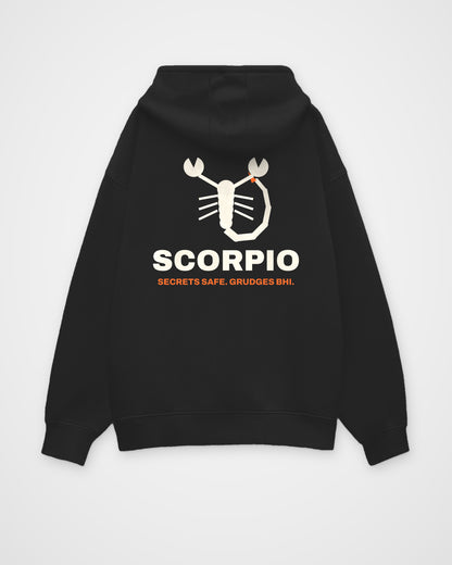 Black oversized hoodie, back view, a geometric scorpion, SCORPIO and SECRETS SAFE. GRUDGES BHI. – digital mockup