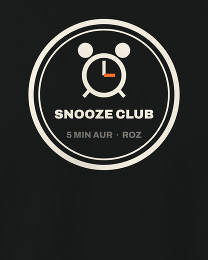 Black regular fit t-shirt, close-up of the Snooze Club Alarm back print – digital mockup