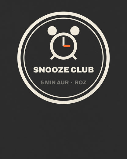 Black oversized t-shirt, close-up of the Snooze Club Alarm back print – digital mockup