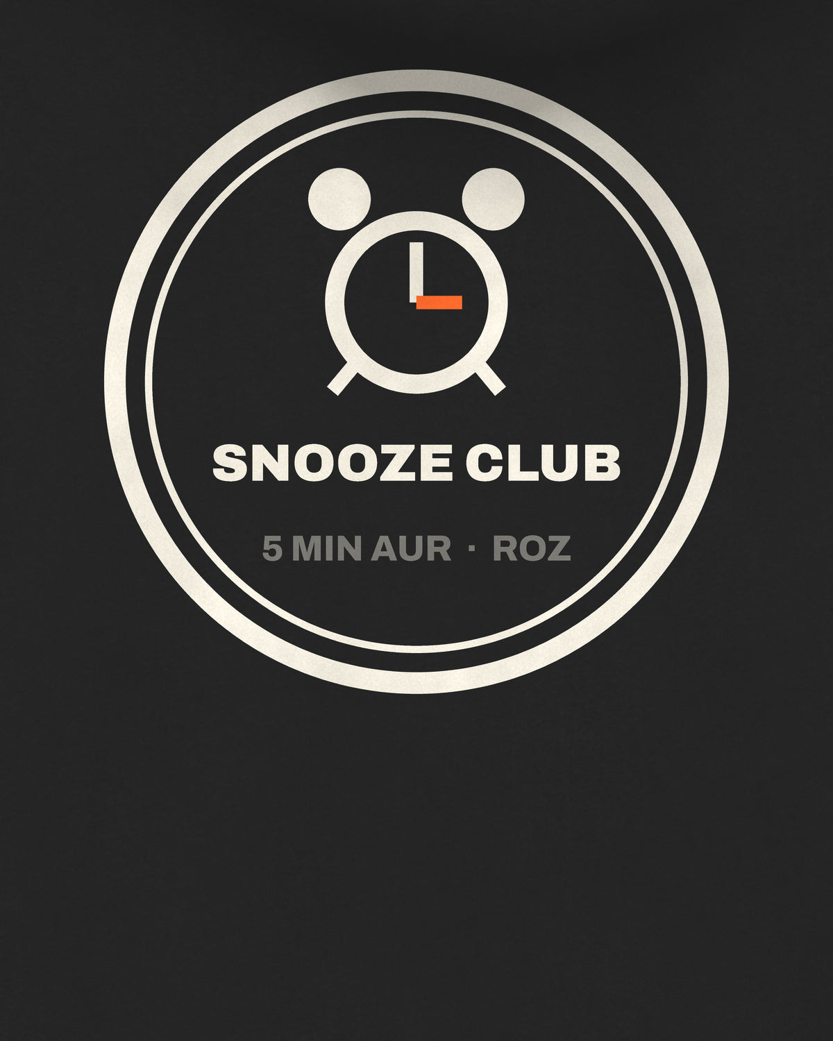 Black oversized hoodie, close-up of the Snooze Club Alarm back print – digital mockup
