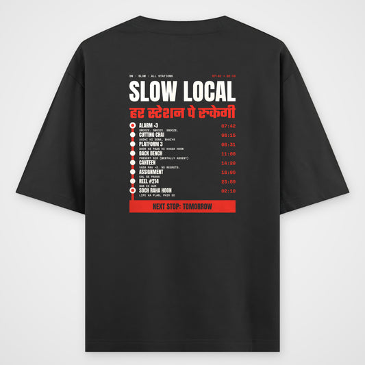 Black oversized T-shirt, back view, large route-board print with stations and times