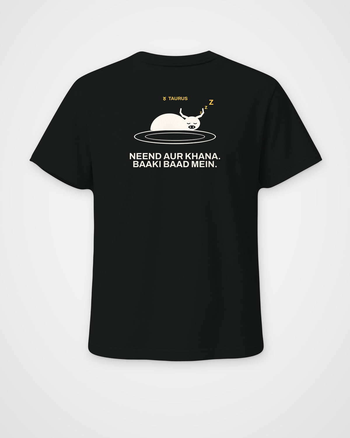 Black regular fit t-shirt, back view, with a bull asleep on a plate, TAURUS and Neend aur khana. Baaki baad – digital mockup