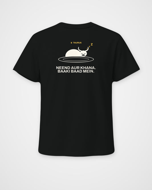 Black regular fit t-shirt, back view, with a bull asleep on a plate, TAURUS and Neend aur khana. Baaki baad – digital mockup
