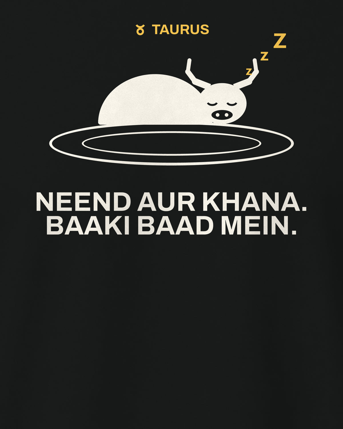 Black regular fit t-shirt, close-up of the Taurus Zodiac Sleeping Bull back print – digital mockup