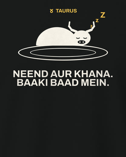 Black regular fit t-shirt, close-up of the Taurus Zodiac Sleeping Bull back print – digital mockup