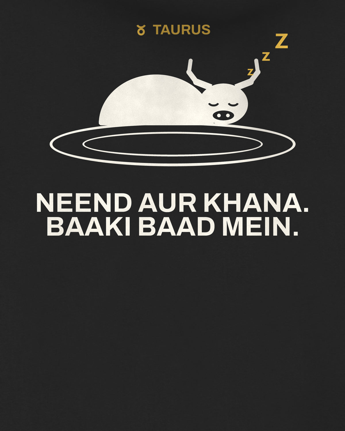 Black oversized hoodie, close-up of the Taurus Zodiac Sleeping Bull back print – digital mockup