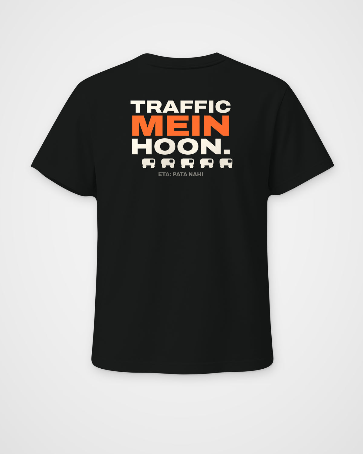 Black regular fit t-shirt, back view, full-width stacked TRAFFIC MEIN HOON. type, a rickshaw icon row and – digital mockup