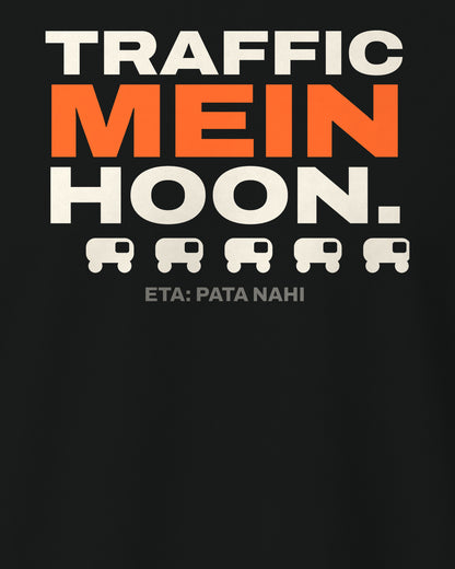 Black regular fit t-shirt, close-up of the Traffic Mein Hoon back print – digital mockup