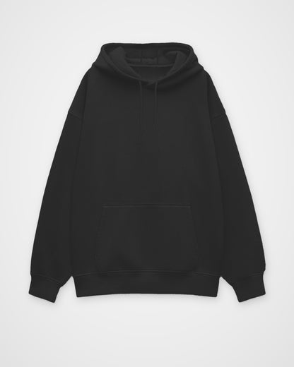 Black oversized hoodie, front view, plain front; the Traffic Mein Hoon print is on the back – digital mockup
